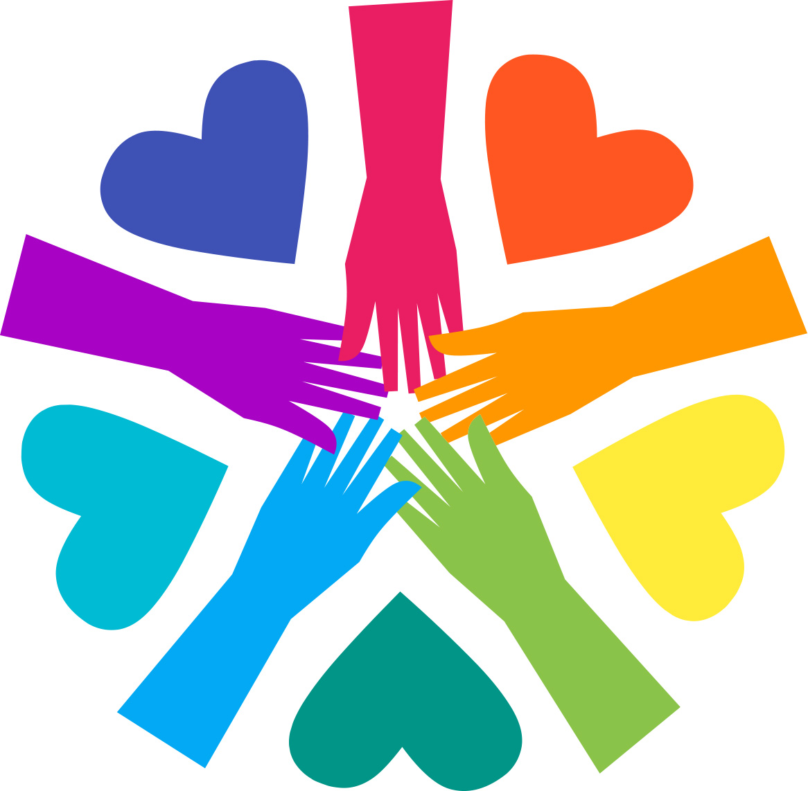 Grafik mit Händen und Herzen in Regenbogenfarben